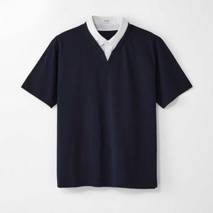 [하프클럽/에스티코]우븐 카라 레이어드 반팔 티셔츠 네이비 (세미오버핏) STSVB01