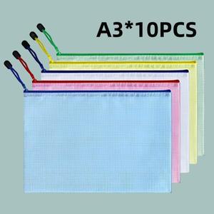 10pcs, A3 메쉬 지퍼 파일 가방, 5 색상, 학교 및 사무용품, 화장품, 여행 정리를위한 방수 플라스틱