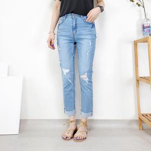 [103st] 연청 밴딩 롤업 여성 스판 배기 청바지 하이웨스트 찢청