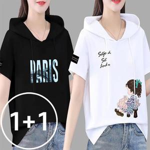 1+1 썸머 루즈스타일 레터링 후드 반팔티 2장세트 5컬러