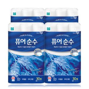 모나리자 퓨어 순수 3겹 데코 25M 30롤x4팩 /화장지 두루마리 휴지 /천연펄프100%