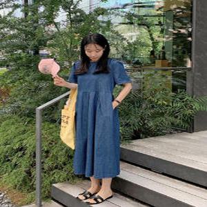 안디모 절개 데님 반팔 원피스 (2color)