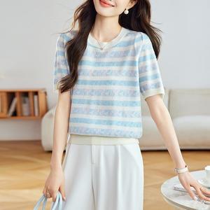여성 데일리 라운드넥티 봄 여름 울 자가드 니트 반팔 티셔츠 얇은 라운드넥 편안한 상의 스포M2