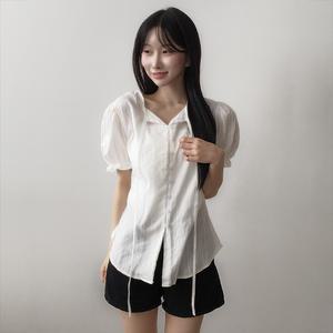 스트랩 슬림 리본 퍼프 반팔 블라우스 to-2541d