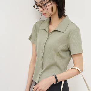 WOMAN 오픈 카라 리브드 하프 셔츠 [LIGHT KHAKI] / WBE2L03516
