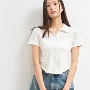WOMAN 오픈 카라 리브드 하프 셔츠 [WHITE] / WBE2L03516