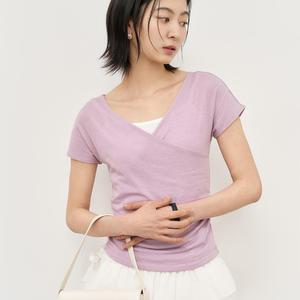 WOMAN 아세테이트 브이넥 셔링 반팔티 [VIOLET] / WBE2L01532