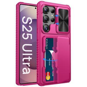 삼성 갤럭시 S25 울트라 지갑 케이스용 Vihibii 카드 홀더(4장), [RFID 차단] 및 슬라이드 카메라 커버 화면 가장자리 올리기, 울트라용 하드 백 폰 커버, 핫 핑크