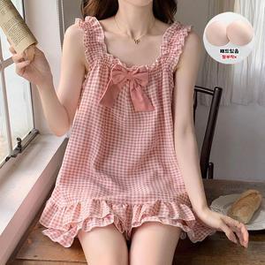 프릴체크핑크여성여름잠옷홈웨어파자마세트[WE6E3B3]