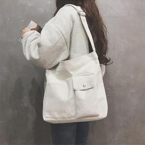 데일리 에코백 더블 포켓 캔버스 가방 여성 면 무지 크로스백 메신저백