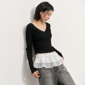 WOMAN 레이스 리브드 브이넥 티셔츠 [BLACK] / WBE2L01524