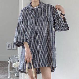 체크 오버핏 반팔 롱 남방 면 여성 빅사이즈