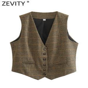 Zevity-새로운 빈티지 V 넥 하운드투스 프린트 단추 슬림 짧은 조끼 재킷, 숙녀 민소매 캐주얼 조끼 탑스 CT3053