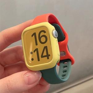 케이스 + Apple Watch 밴드 용 실리콘 스트랩 44mm 8 7 42 38 시리즈 스포츠 시계 9 6 SE 5 4 3 2 1