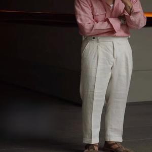 여름 남성 플러스 사이즈 루즈핏 린넨 팬츠 얇고 통풍 좋은 나폴리 스타일 이탈리아 레트로 신사 바지 캐주