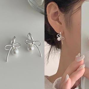 실버 925 라인 리본 원터치 진주 드롭 귀걸이 봄귀걸이
