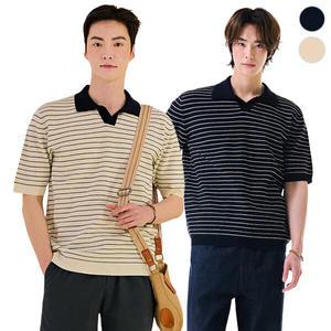 [체이스컬트] cool 터치 스트라이프 open 카라NECK 반팔 SWETER/2Color