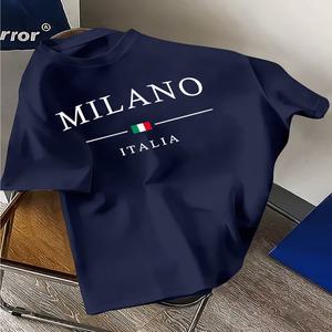 라운드넥 티 셔츠 여름 남성 100 순면 캐주얼 루즈 빅사이즈 패셔너블 MILANO ITALIA 프린트 라운드 넥 반