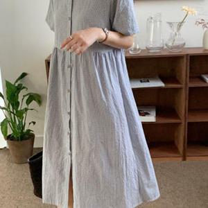 피칸 카라 체크 롱 원피스 여름 여성 반팔 데일리 데이트 빅사이즈