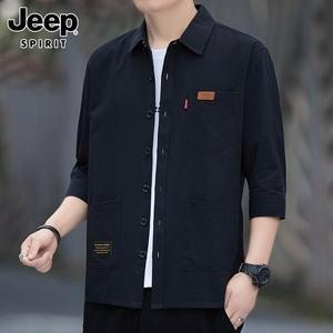 JEEP SPIRIT 반팔 셔츠 남성용 여름 루즈 7부 소매 캐주얼 코튼 셔츠