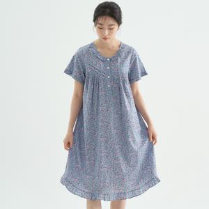 메이플라워 진한블루꽃 반팔 순면 여성 빅사이즈 원피스 잠옷