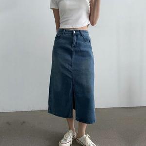 고품질 중청 h라인 앞트임 데님 롱스커트 키작 여성 녀청 코 앞트임치마 여름청치마 워싱치마 (WFHQMDP)