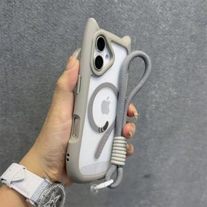 3D 귀여운 고양이 귀 Magsafe 케이스 iPhone 13 14 15 16 Pro Max 11 12 15 16 Plus 손목 스트랩 체인이있는 투명 PC 갑옷 커버