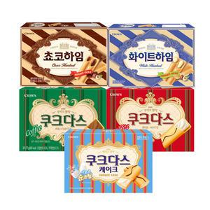 크라운 쵸코하임 284g+화이트하임 284g+쿠크다스 비엔나커피 289g+화이트토르테 289g+케이크 154g(총5개)