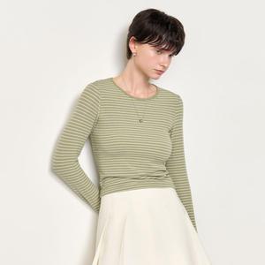 WOMAN 스트라이프 리브드 롱 슬리브 티 [MATCHA GREEN] / WBE1L01519
