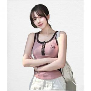 MUCENT 컬러팝 배색 버튼 크롭 골지 나시 (6컬러)