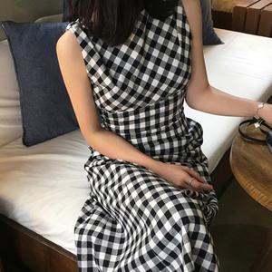 [무료배송]여름 민소매 나시 깅엄 체크 플레어 롱 원피스