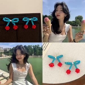 여성 터키석 체리 리본 여름 이어링 귀걸이