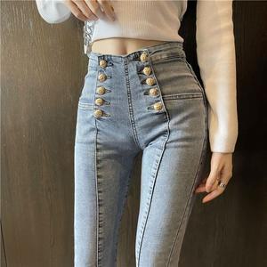 메탈릭 버클 스키니진 하이웨스트 스판 연청 금장단추 슬림 청바지