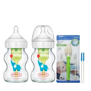 닥터브라운 엘리펀트_데코_와이드넥 유리 150ml 젖병 (2P)+통기시스템 전용 브러쉬