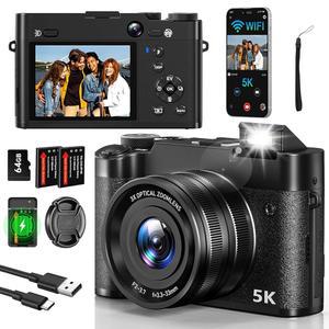 5K 64MP 디지털 카메라, 사진 및 비디오용 WiFi 유튜브용 광학 줌 자동 초점 여행 브이로그 카메라 3배, 64GB 카드, 배터리 2개