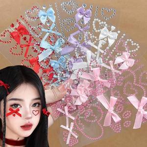 타투 사랑 모양 라인 석 리본 활 페이스 스티커 핑크 레드 부드러운 스타일 헤나 문신 적용하고 제거하기