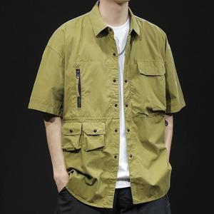 남성 포켓 반팔 셔츠 오버핏 워크 여름 투포켓 베이지 남방 M(50-60kg)