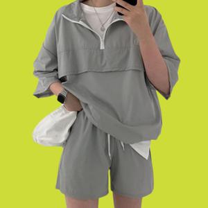 아노락 트레이닝 세트 커플 반팔 반바지 바스락 운동복 상하 셋업