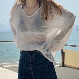 오버핏 긴팔 라운드 여성티셔츠 여름 시스루 냉감 쿨 해변 롱 여자티셔츠 OFS-WST16