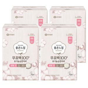 좋은느낌 피부에 저자극 무표백 유기농 순면커버 맥시 슬림 생리대 날개형 중형 32개입 4개