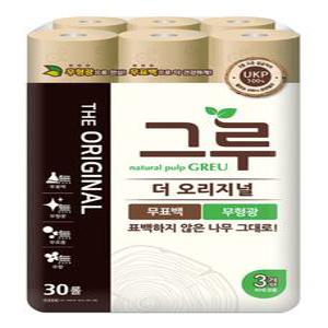 그루 오리지날 무표백 천연펄프 100% 화장지 3겹 30m 30롤 1팩