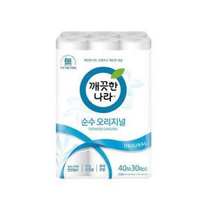 깨끗한나라 순수 오리지널 롤화장지 2겹 40m 30롤 두루마리휴지 물에잘녹는 무형광