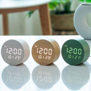 문폴 우드 유선 인테리어 LED 탁상시계 시간 날짜 온도 알람 8.8cm