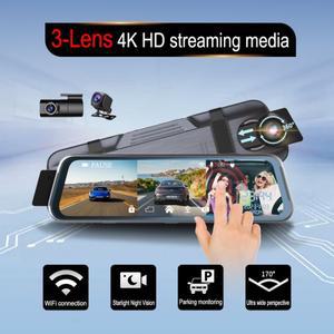 스트리밍 운전 녹음기 무선 후방 카메라 앱, 3 채널 미러 대시 캠, 4K 울트라 HD 자동차 DVR, 3 렌즈 블랙