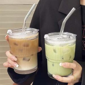 뚜껑과 밀짚이있는 450ML 유리 컵 투명한 누출 방지 커피 머그잔 고온 티 물병 Drinkware