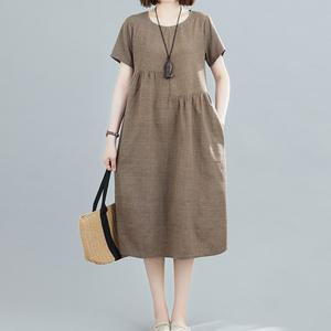 빅사이즈 린넨 체크 롱원피스 여름 반팔 루즈핏 M~2XL 양쪽 포켓 편한 휴양지 원피스