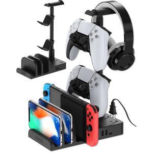 KAFRI 헤드폰 및 컨트롤러 스탠드(USB A&C 충전기 포함), USB 충전 포트 2개의 AC 콘센트 포함 데스크 게임 액세서리 헤드셋 홀더, 스위치/폰 수납 정리함, 남성 남자친구를 위한 게이머 선물