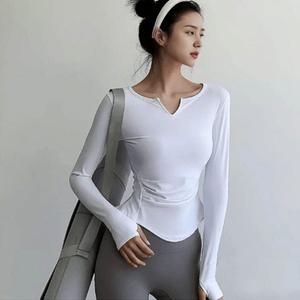 고품질 셔링 브이넥 요가 필라테스 긴팔티 상의 스포츠웨어 액티브웨어 (WFI3208)