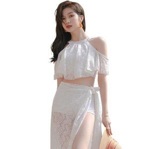 [Teddy] 수영복 여성 오프숄더 비키니 체형커버 팔레오 3종 세트 하이넥 플레어 레이스 반바지 여성용 hys1763