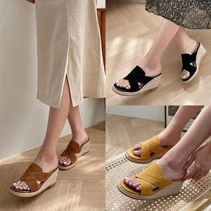 [민토]소가죽 통굽 여성 키높이 에스파드 웨지 뮬 슬리퍼 샌들 7cm